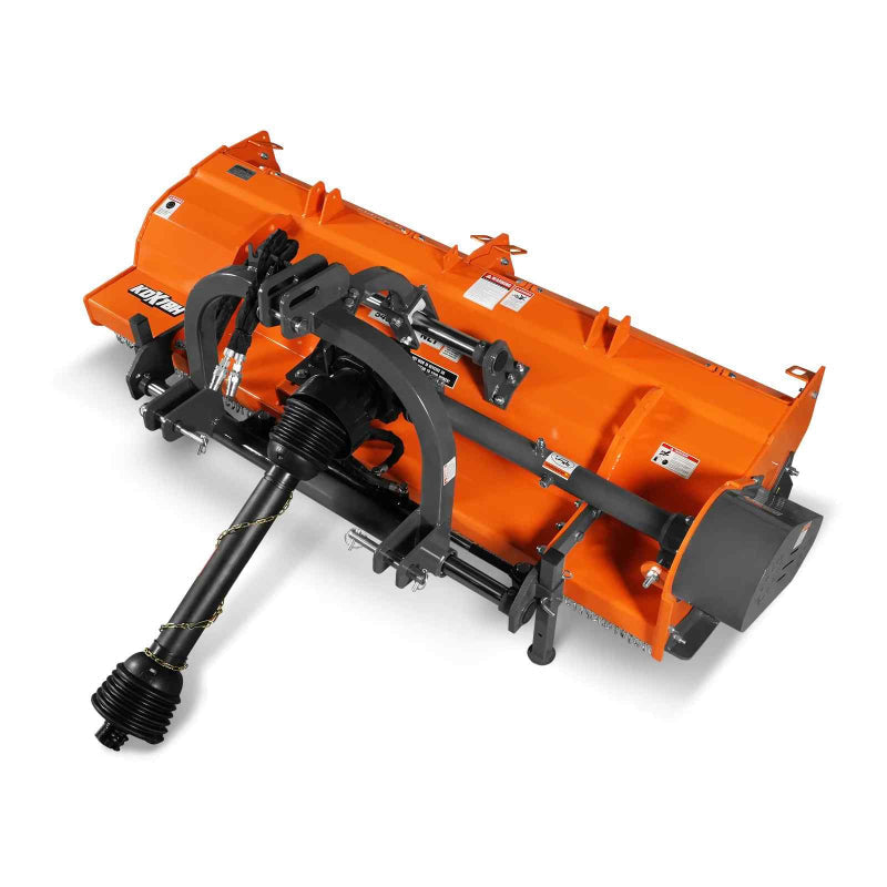 angled top-left view of orange MechMaxx 78-inch PTO flail mower with hydraulic side shift at gallery position 1