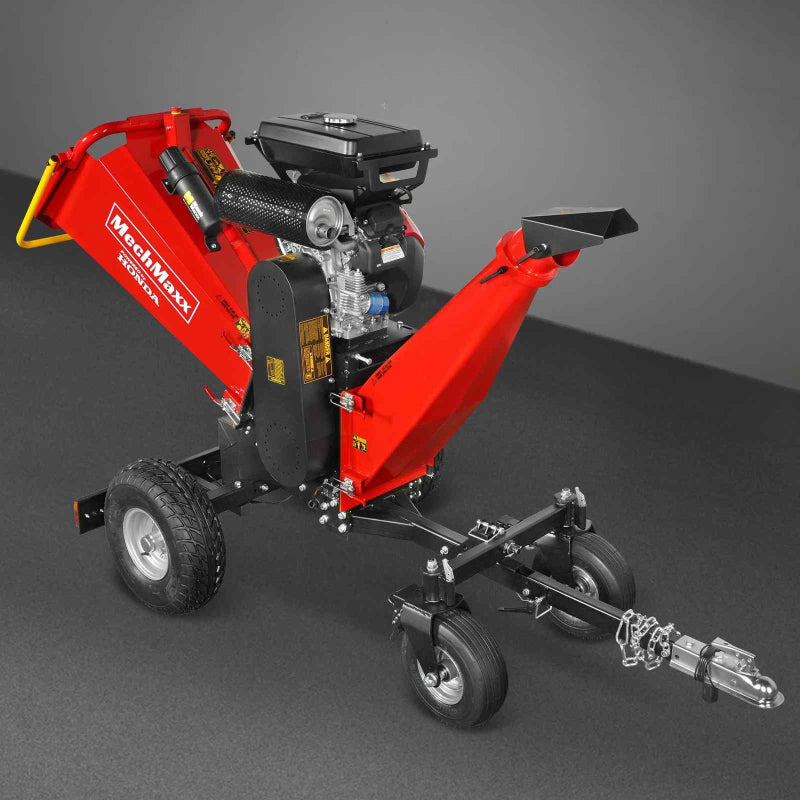 Front three-quarter view of MechMaxx 8 inch HONDA E-Start 688cc drum wood chipper with tow bar at gallery position 1