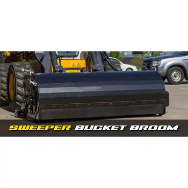 Black steel skid steer sweeper bucket broom attachment with solid casing on paved surface