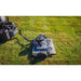 Swisher 44-inch finish cut mower with 11.5HP engine attached to tow bar, overhead view, gallery position 1