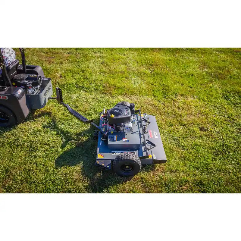 Swisher 44-inch finish cut mower with 11.5HP engine attached to tow bar, overhead view, gallery position 1