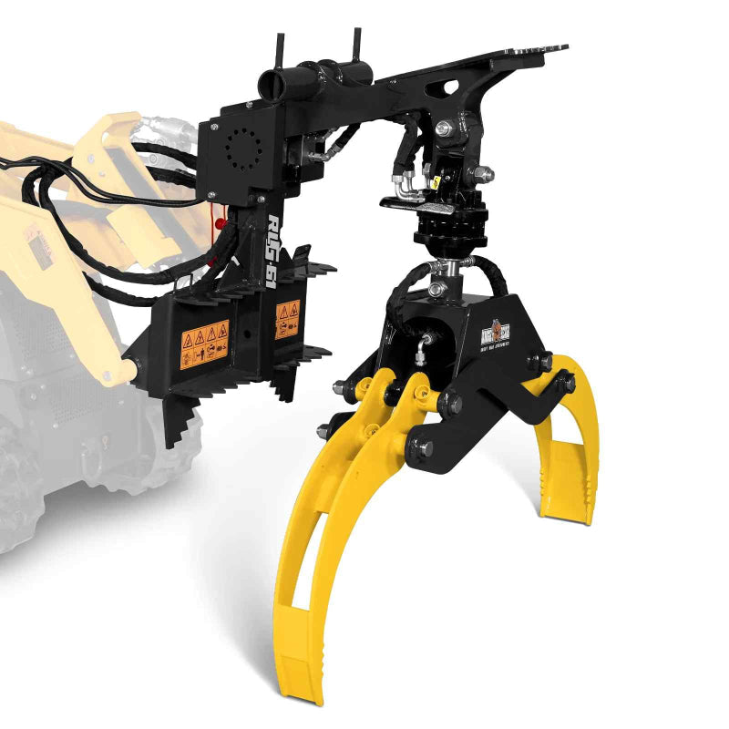 black and yellow MechMaxx multi-purpose hydraulic rotating log grapple attached to mini skid steer at gallery position 1