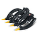 angled view of black 44-inch MechMaxx mini skid steer timber grab with serrated curved tines and yellow tips gallery position 1