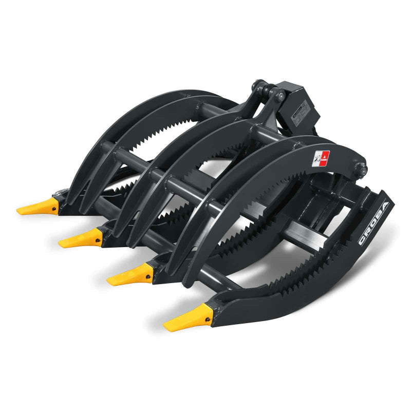 angled view of black 44-inch MechMaxx mini skid steer timber grab with serrated curved tines and yellow tips gallery position 1