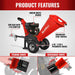Front angle of red MechMaxx GS650 wood chipper showing Ducar DH212 engine, towbar, emergency stop, and pneumatic wheels
