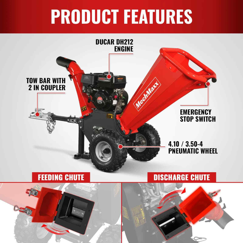 Front angle of red MechMaxx GS650 wood chipper showing Ducar DH212 engine, towbar, emergency stop, and pneumatic wheels