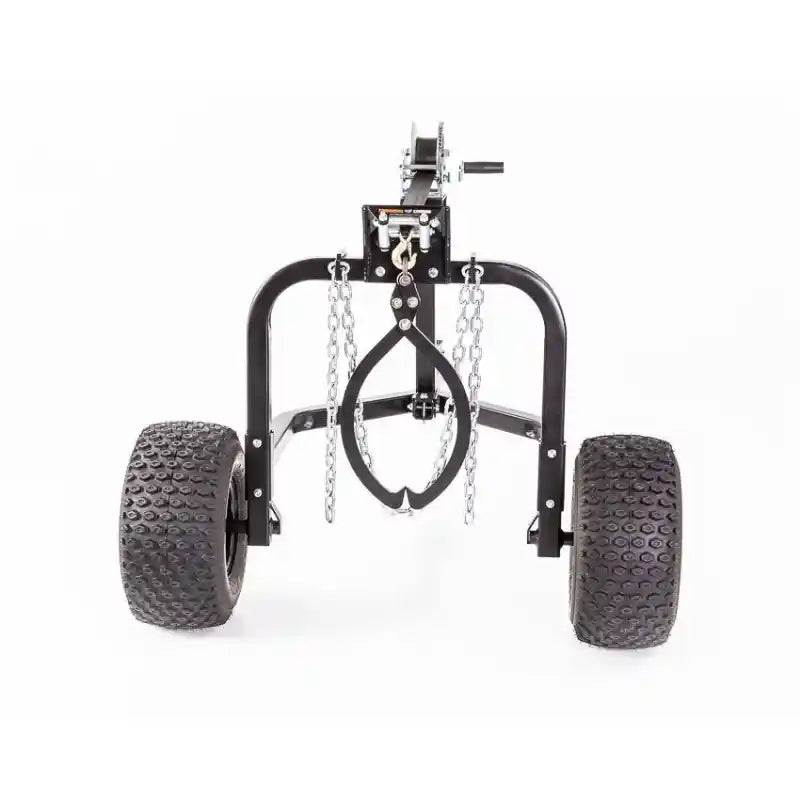 Front view of Swisher ATV log skidder showing dual pneumatic tires, metal frame, skidding claw, and winch crank, gallery position 1