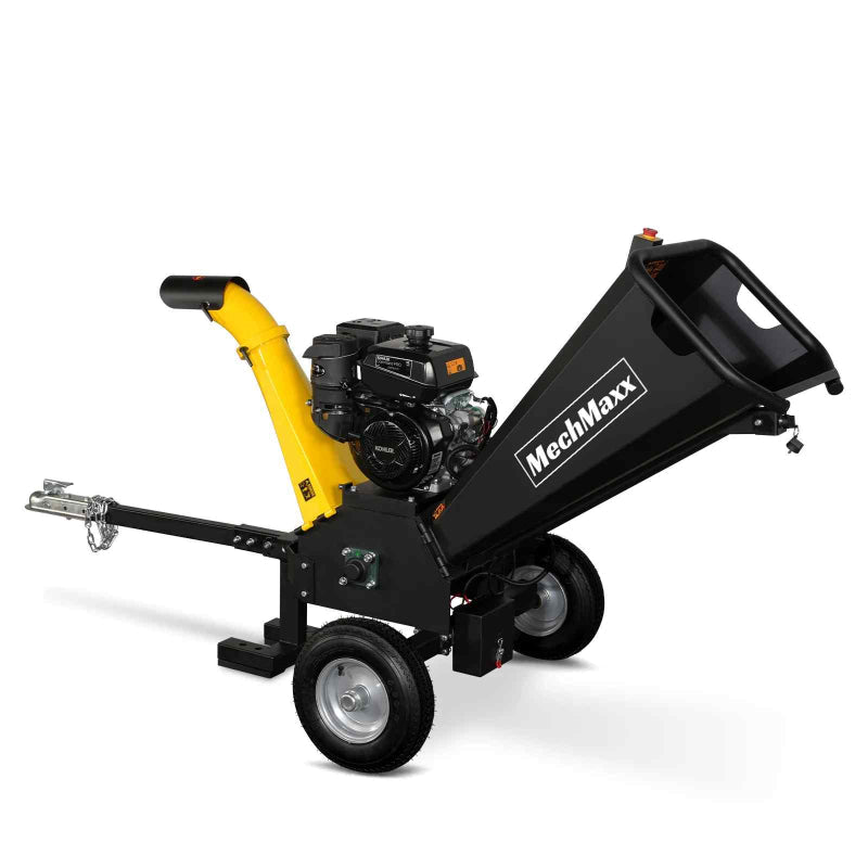 Side angle of MechMaxx 5 inch Kohler 429cc wood chipper with feed chute, discharge chute, tow bar, and wheels, gallery 1