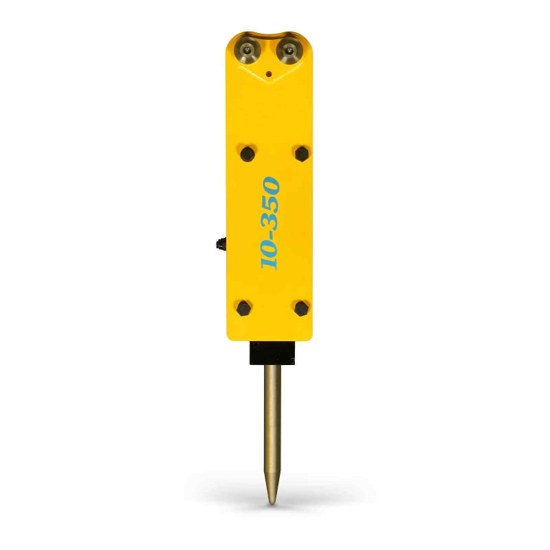 yellow hydraulic hammer breaker attachment with pointed chisel and model number 10-350 isolated on white gallery position 1