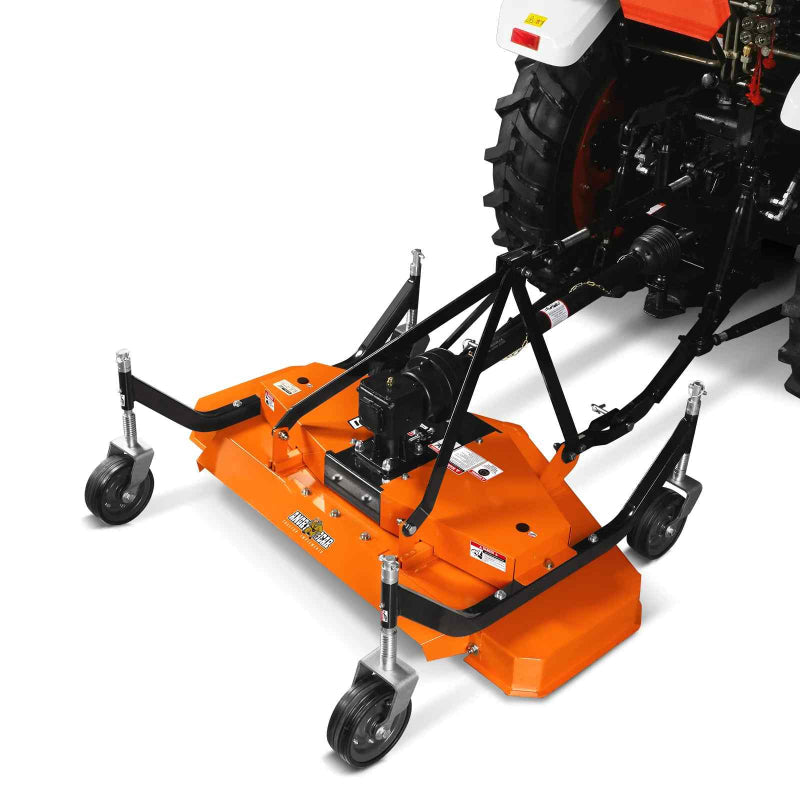 angled front view of orange MechMaxx 60-inch PTO finishing mower attached to tractor gallery position 1