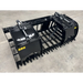 Black steel root and rock grapple attachment with dual hydraulic cylinders and spaced curved tines on concrete floor
