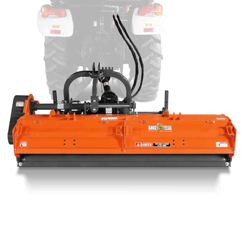 front view of orange 87-inch MechMaxx PTO flail mower with hydraulic side shift connected to tractor gallery position 1