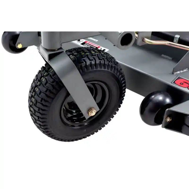 Close-up of front caster wheel and part of steel frame on Swisher 60-inch finish cut mower, gallery position 1