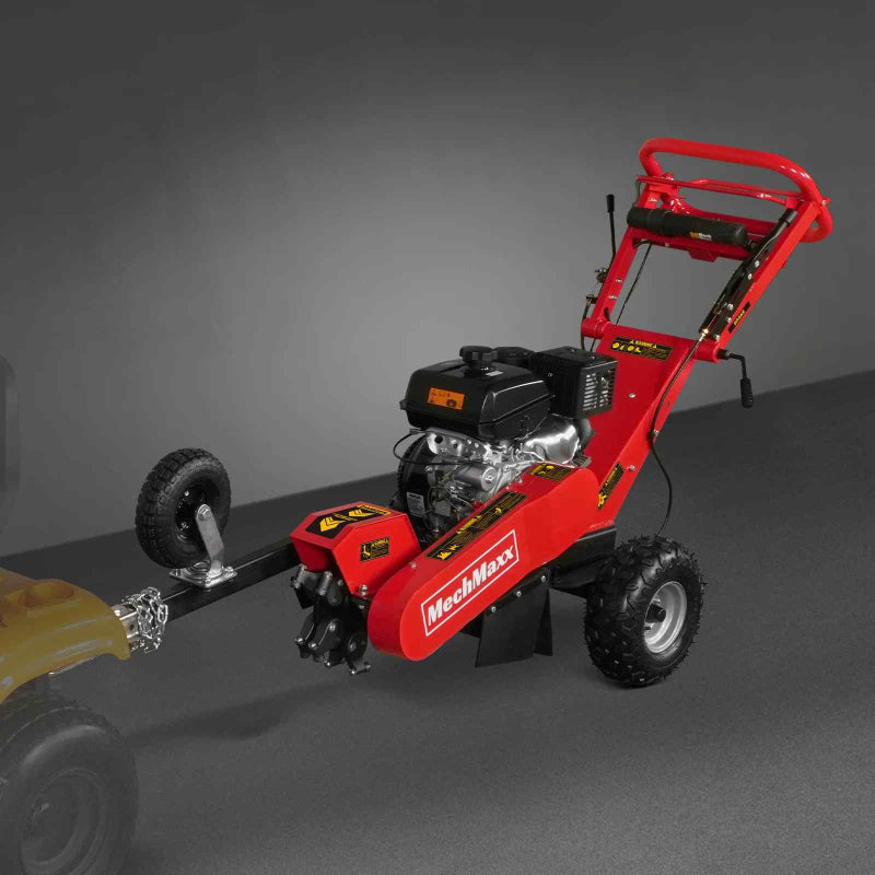 Side view of red MechMaxx 429cc KOHLER E-Start stump grinder with tow bar attached, gallery position 1