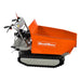 Left side view of orange MechMaxx D50MA gas engine track mini dumper with empty bucket, gallery position 1