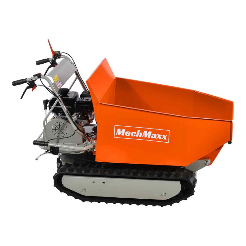 Left side view of orange MechMaxx D50MA gas engine track mini dumper with empty bucket, gallery position 1