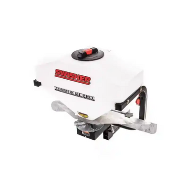Swisher Commercial Truck Spreader with white poly tank, red logo, and metal spreader plate, gallery position 1