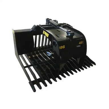 Black steel rock grapple attachment with serrated curved tines, hydraulic linkage, and reinforced side plates on white background