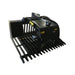 Black steel rock grapple attachment with serrated curved tines, hydraulic linkage, and reinforced side plates on white background