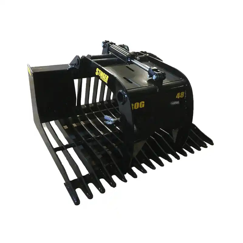 Black steel rock grapple attachment with serrated curved tines, hydraulic linkage, and reinforced side plates on white background