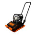 Compact orange and black vibratory plate compactor with white engine and upright black handle on white background