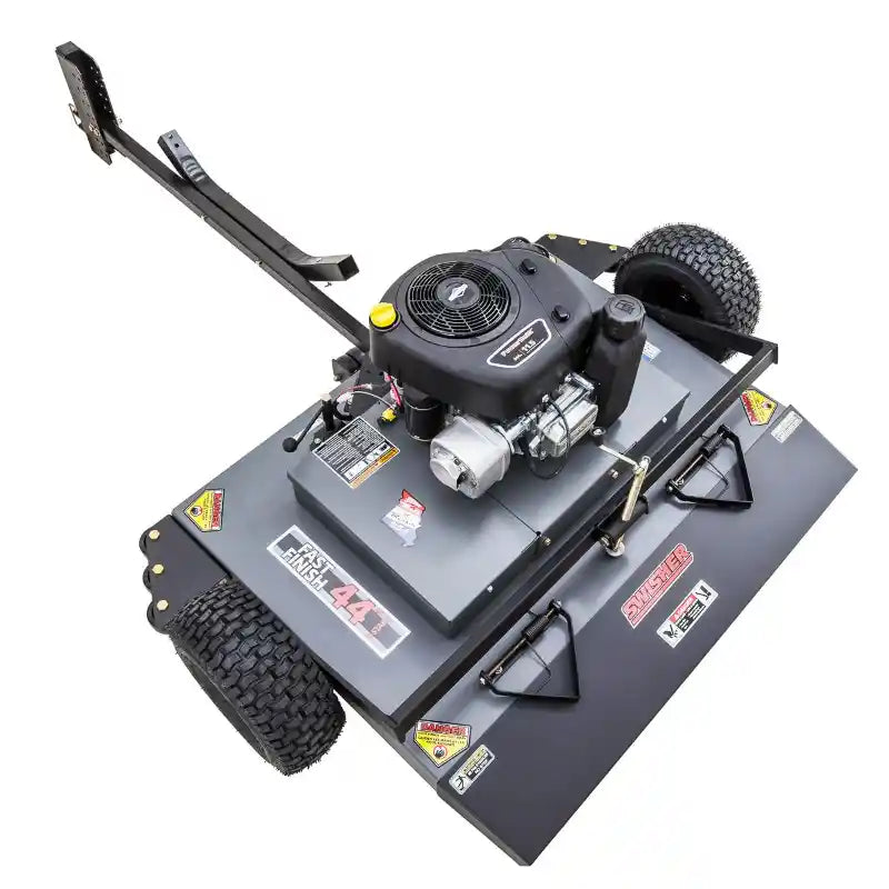 Swisher 44-inch finish cut mower with 11.5HP engine and tow bar, angled top-down view, gallery position 1