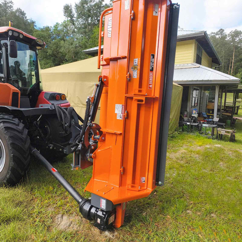 side view of orange MechMaxx 78-inch 3-point PTO offset ditch bank mower vertical position at gallery spot 1