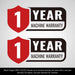 Graphic showing red shield icons with "1 Year Machine Warranty" text repeated twice, gallery position 1