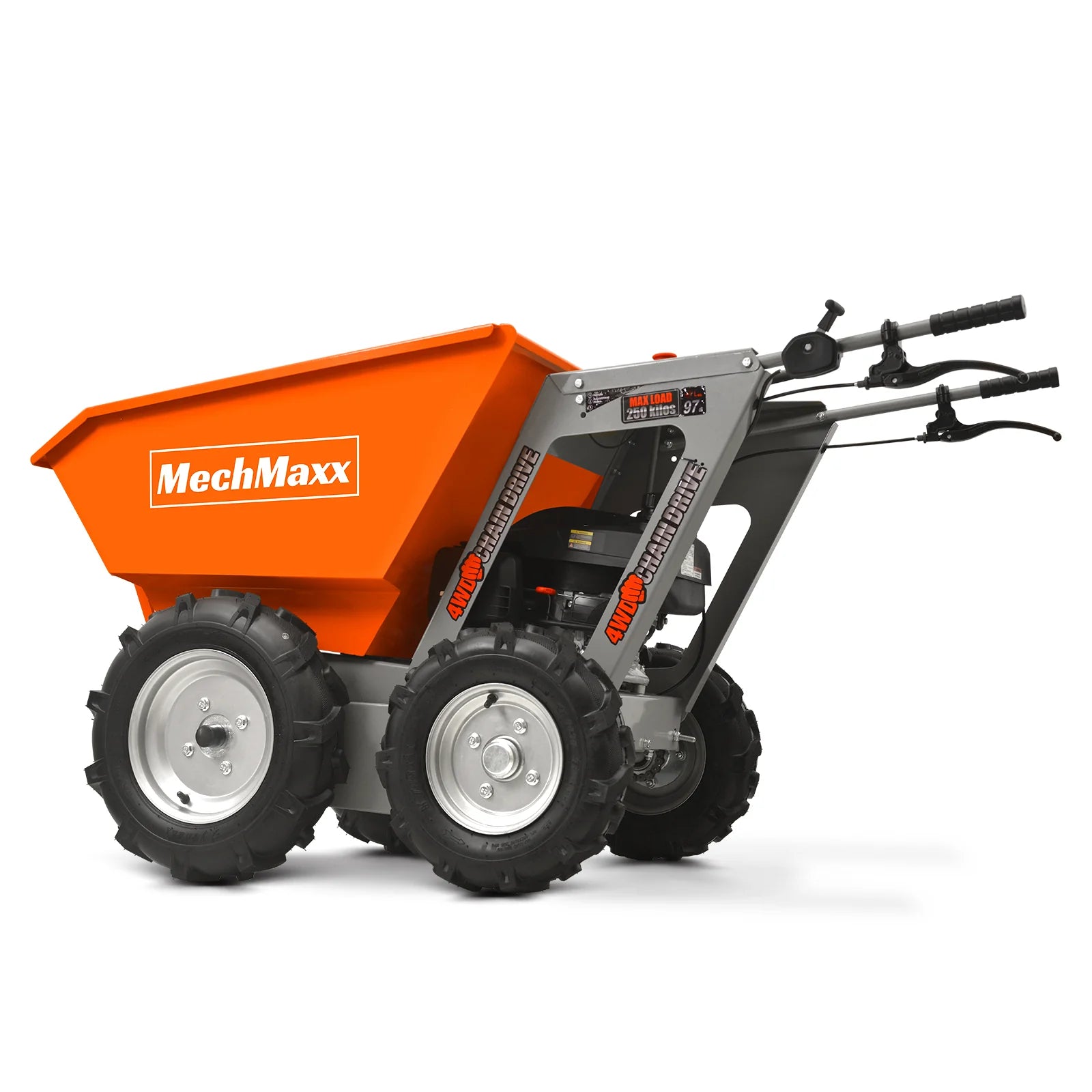 Orange MechMax walk-behind dump cart with four treaded tires, large hopper, and control handlebars
