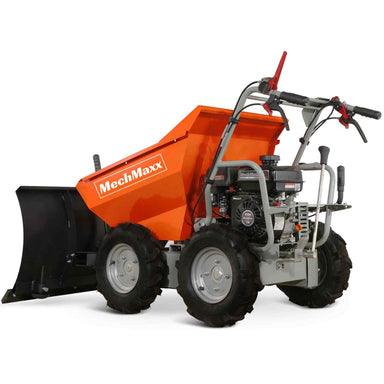 MechMaxx T30 gas-powered wheelbarrow cart with orange tipping bed, black snow shovel attachment, and four off-road tires gallery 1
