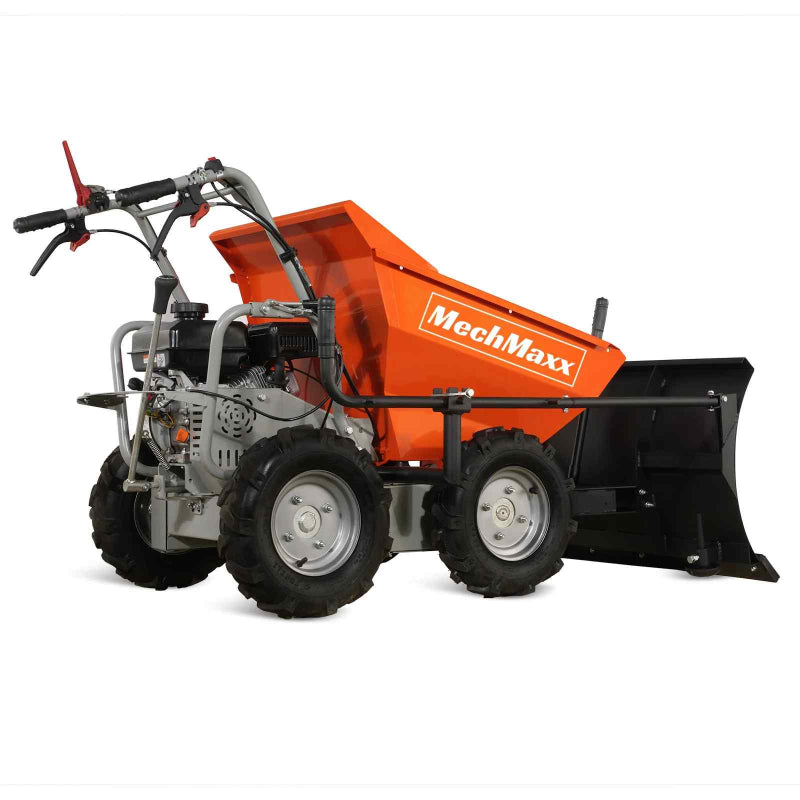 MechMaxx T30 gas-powered wheelbarrow cart with orange tipping bed and attached black snow shovel gallery position 1