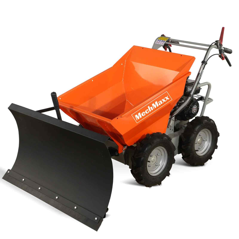 MechMaxx T30 gas-powered wheelbarrow with bright orange tipping cart and attached black snow shovel blade gallery position 1