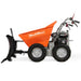 Side view of MechMaxx T30 gas-powered wheelbarrow with orange tipping bed and attached black snow shovel gallery position 1