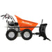Side profile of MechMaxx T30 gas-powered wheelbarrow cart with orange tipping bed and attached black snow shovel gallery position 1
