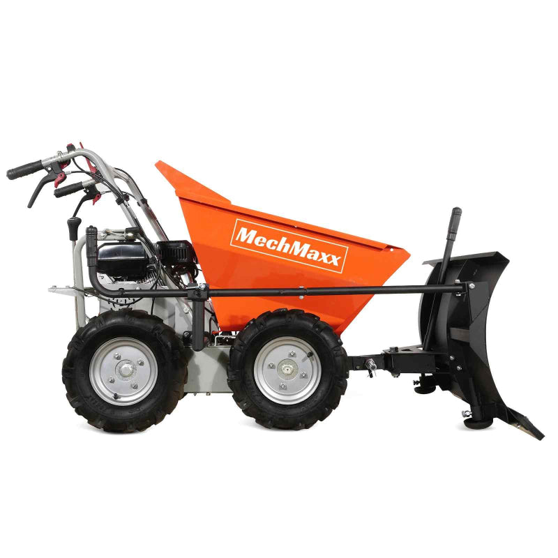 Side profile of MechMaxx T30 gas-powered wheelbarrow cart with orange tipping bed and attached black snow shovel gallery position 1