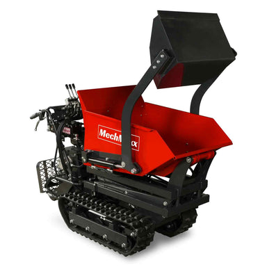 Red MechMaxx D50HTFL tracked mini dumper with hydraulic tipping bucket raised, gallery position 1