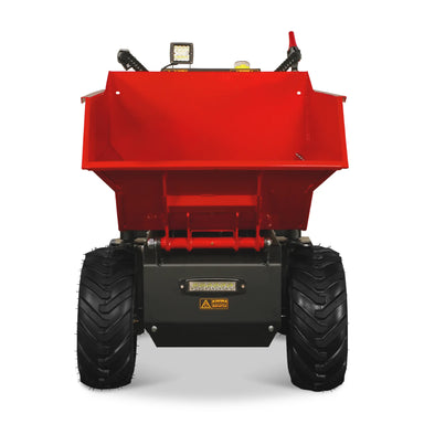 Red dump wheelbarrow with raised hopper, black chassis, rugged tires, LED light, and control handles