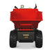 Red dump wheelbarrow with raised hopper, black chassis, rugged tires, LED light, and control handles