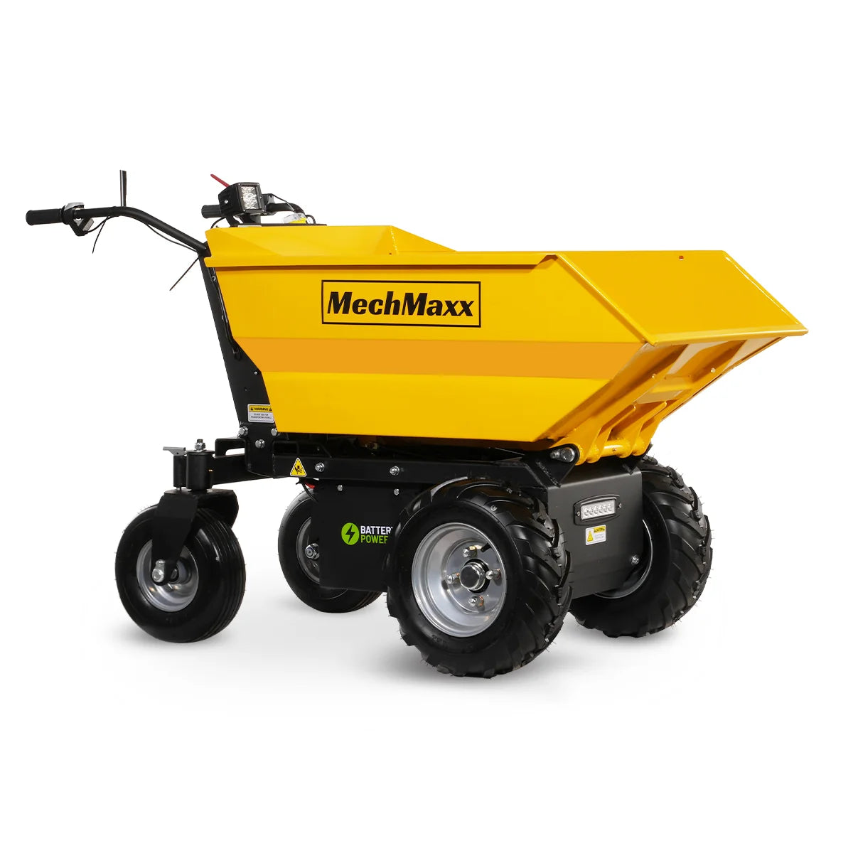 Yellow motorized wheelbarrow with raised steel hopper, four rugged tires, and black control handles