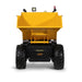 Yellow dump cart with elevated hopper, two large treaded tires, front LED light, and warning label