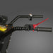 Black equipment handlebars with textured grips, coiled cables, and a red control lever