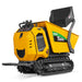 Yellow tracked mini dumper with raised black hopper, rubber tracks, and operator controls