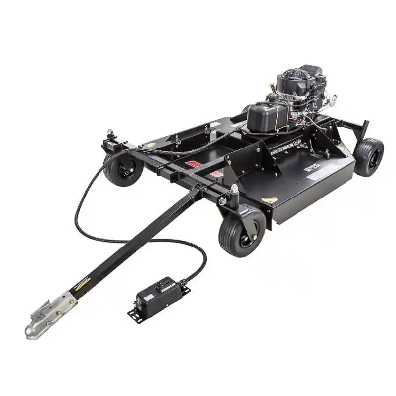 Swisher 52-inch tow-behind rough cut mower with 14.5HP engine, caster wheels, and 12V electric lift control, gallery position 1