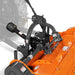 angled close-up front-left view of orange MechMaxx 78-inch PTO flail mower with gearbox and hydraulic side shift at gallery position 1