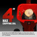 Close-up front view of red MechMaxx GS650 wood chipper feeding a 4-inch diameter log into the hopper