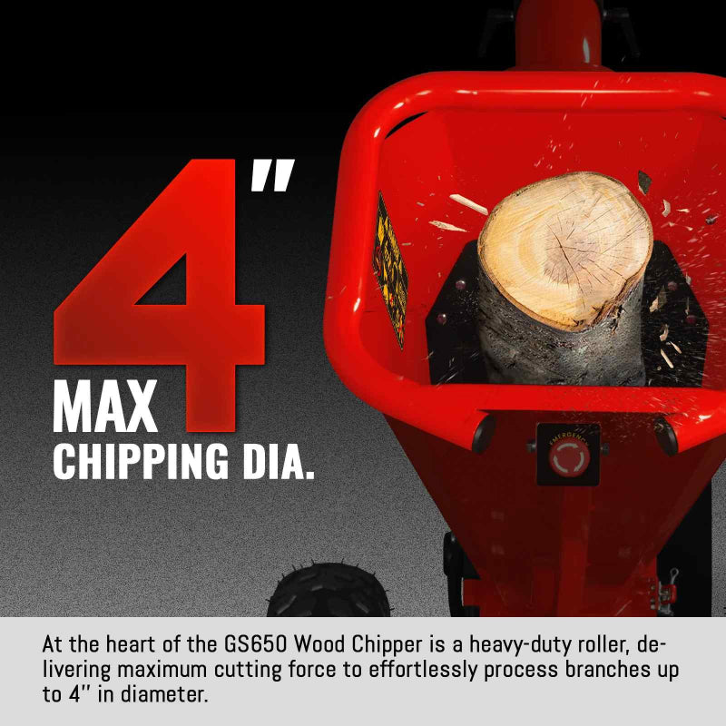 Close-up front view of red MechMaxx GS650 wood chipper feeding a 4-inch diameter log into the hopper