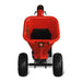 Top-down view of red MechMaxx GS650 7hp gas wood chipper feed chute with large tires and towbar attachment