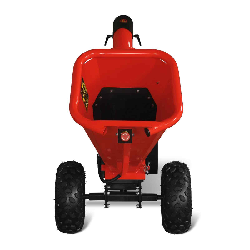 Top-down view of red MechMaxx GS650 7hp gas wood chipper feed chute with large tires and towbar attachment