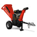 Side angle of red MechMaxx GS650 7hp Ducar gas wood chipper with towbar and knobby tires gallery position 1