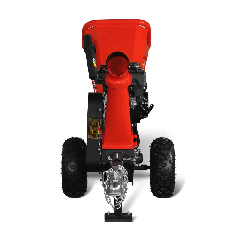 Front view of MechMaxx GS650 7hp Ducar gas wood chipper with towbar and large pneumatic tires on white background